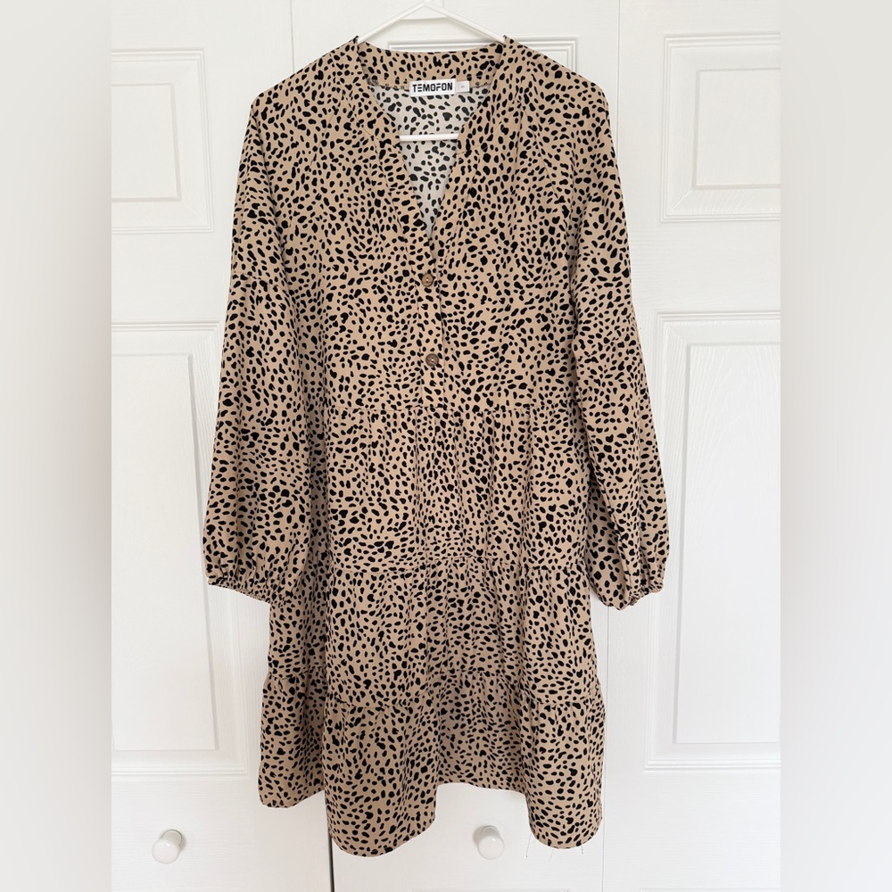 Temofon Leopard Print Tiered Mini Dress Boho Long Sleeve V Neck Babydoll S